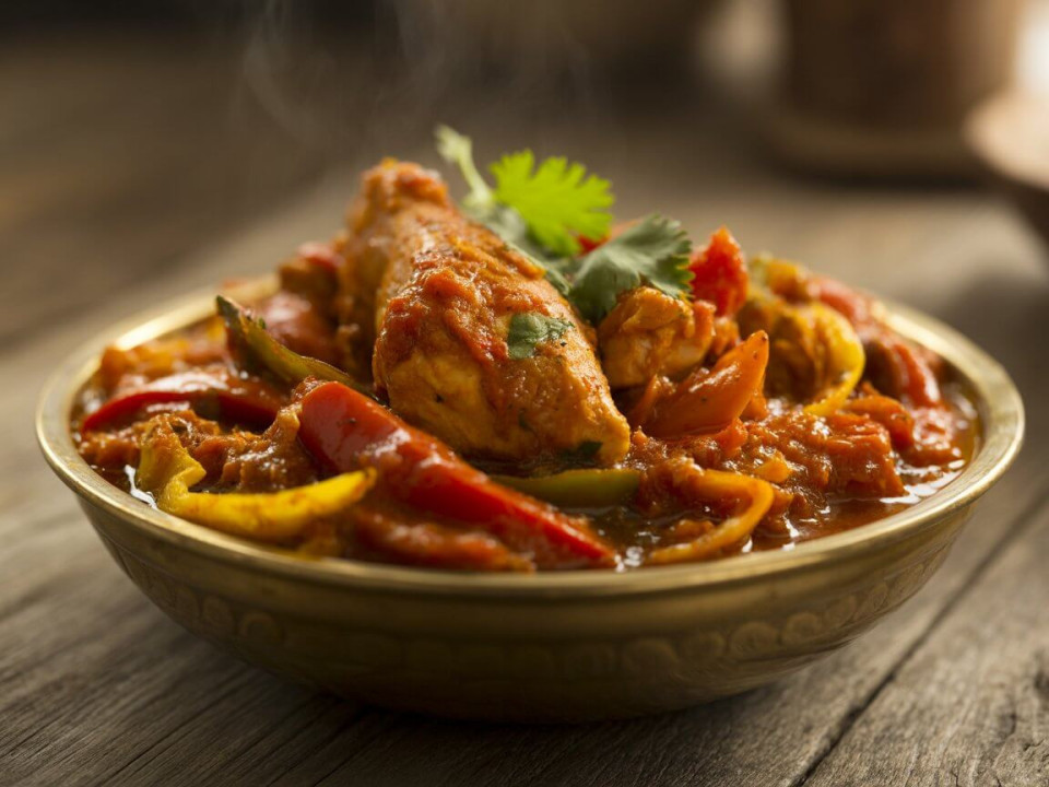 Chicken Jalfrezi is a hot-fry dish of mostly protein or vegetables, stir-fried and served in a thick spicy sauce with green chili peppers.
Garlic & ginger
Bell peppers
Green chilies
Tomatoes
Chicken 
Onion
Oil
 Turmeric, coriander, red chili powder (or cayenne), garam masala, and black pepper are the main spices.